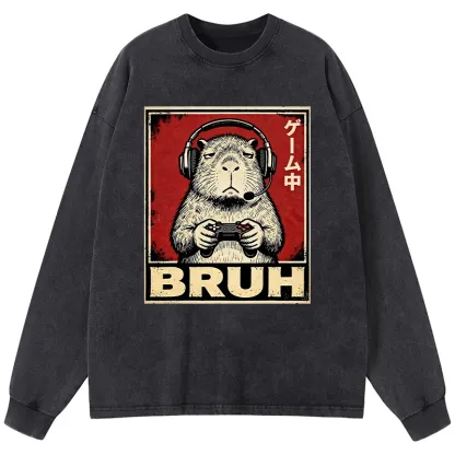 Tokyo-Lion Funny Capybara Playing Games Washed Long Sleeve T-Shirt