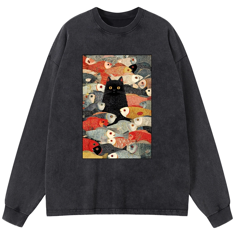 Tokyo-Lion Cats And Fish Washed Long Sleeve T-Shirt