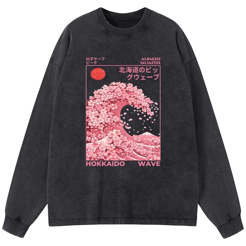 Tokyo-Lion Sakura Wave Washed Long Sleeve T-Shirt