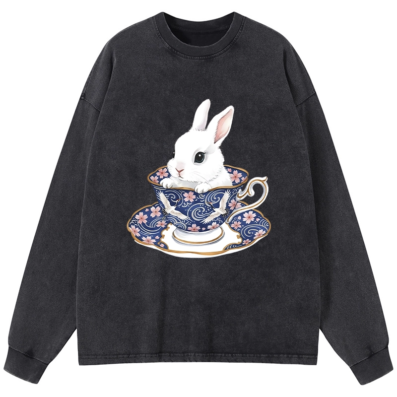 Tokyo-Lion Cute Rabbit Tea Set Washed Long Sleeve T-Shirt