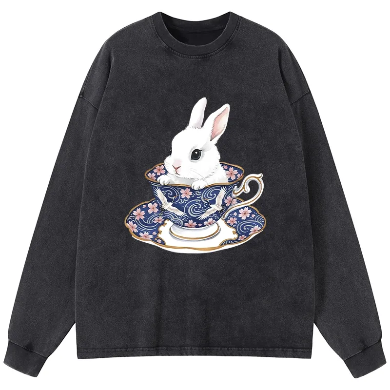 Tokyo-Lion Cute Rabbit Tea Set Washed Long Sleeve T-Shirt