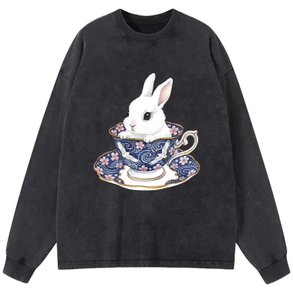 Tokyo-Lion Cute Rabbit Tea Set Washed Long Sleeve T-Shirt
