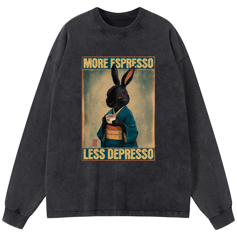 Tokyo-Lion More Espresso Less Depresso Rabbit Washed Long Sleeve T-Shirt