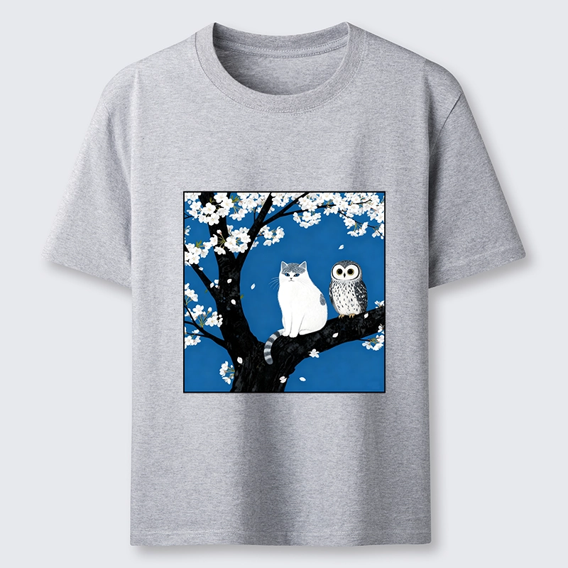 Tokyo-Lion Cat And Owl Under Sakura Classic T-Shirt