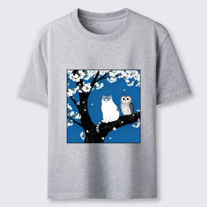 Tokyo-Lion Cat And Owl Under Sakura Classic T-Shirt