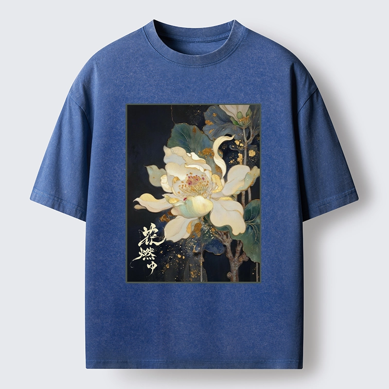 Tokyo-Lion Lotus Adorned With Golden Specks Washed T-Shirt