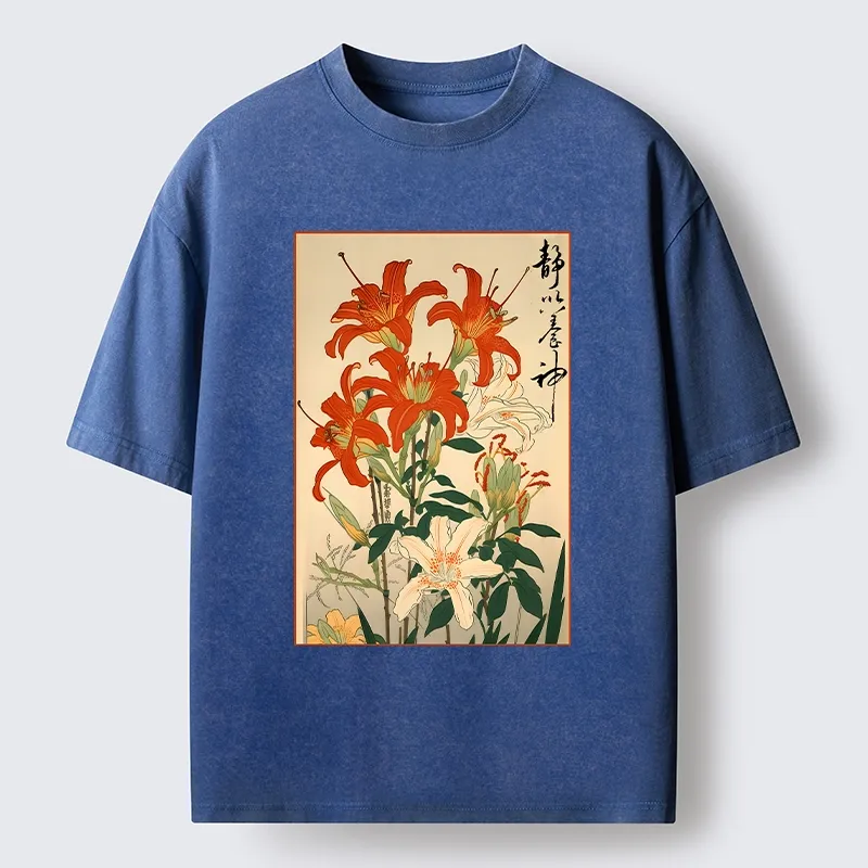 Tokyo-Lion Vibrant Red And White Lilies Washed T-Shirt-Tokyo-Lion
