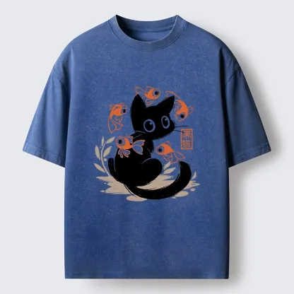 Tokyo-Lion Curious Black Cat Among Fish Washed T-Shirt
