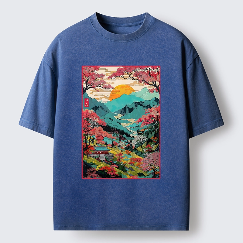 Tokyo-Lion Golden Sun Over Serene Valley Washed T-Shirt