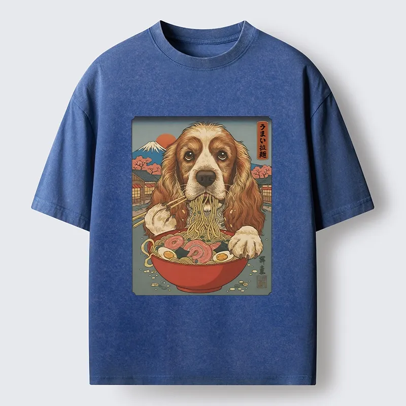 Tokyo-Lion Dog Slurping Ramen In Japanese Style Washed T-Shirt
