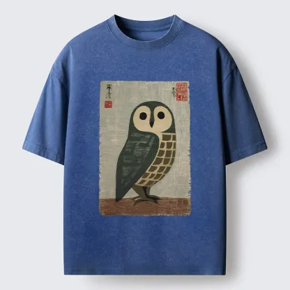 Tokyo-Lion Traditional Owl In Japanese Art Washed T-Shirt