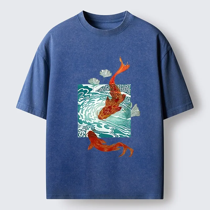 Tokyo-Lion Vibrant Koi In Wave Patterns Washed T-Shirt