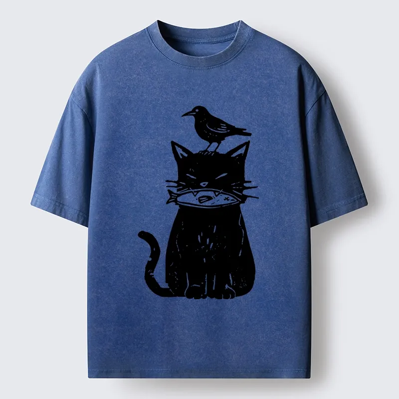 Tokyo-Lion Black Cat With Fish And Bird Washed T-Shirt