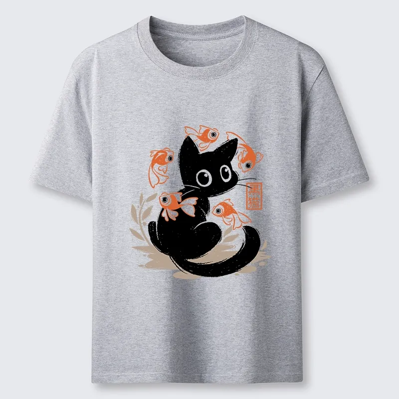 Tokyo-Lion Curious Black Cat Among Fish Classic T-Shirt-Tokyo-Lion