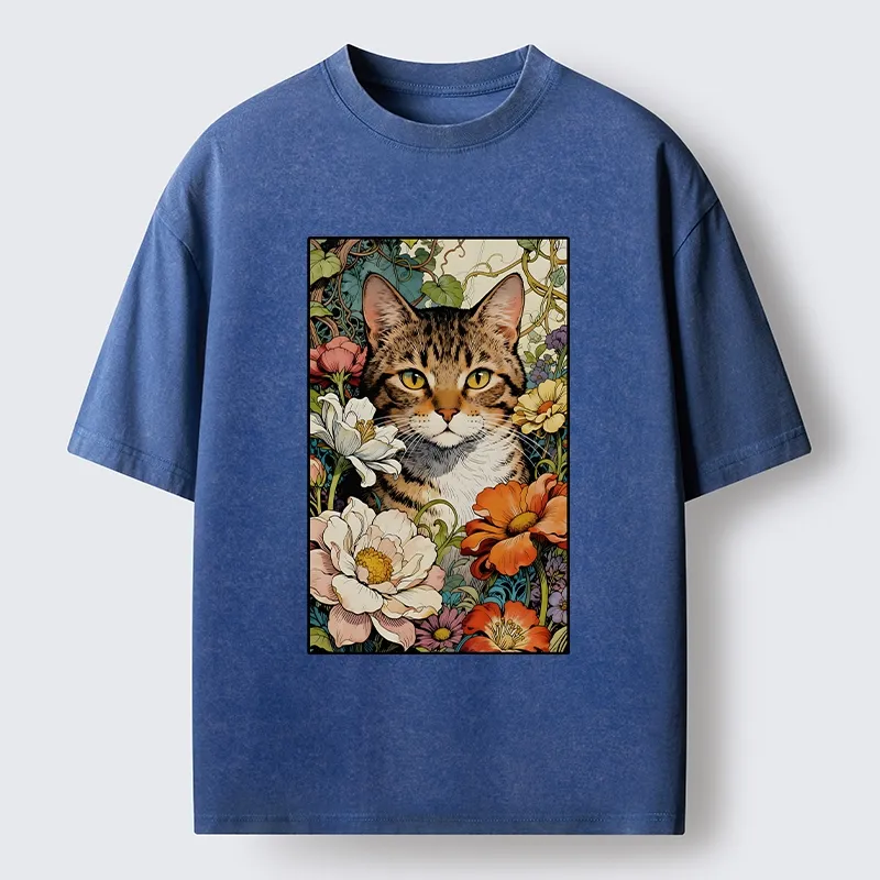 Tokyo-Lion A Cat Hidden In Flowers Washed T-Shirt-Tokyo-Lion
