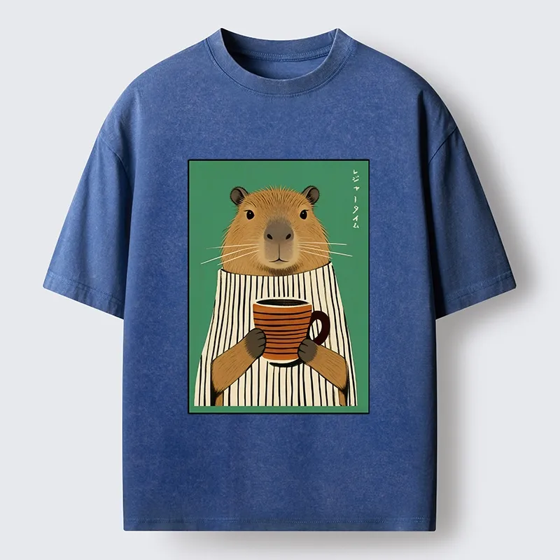Tokyo-Lion Capybara Coffee Time Washed T-Shirt-Tokyo-Lion