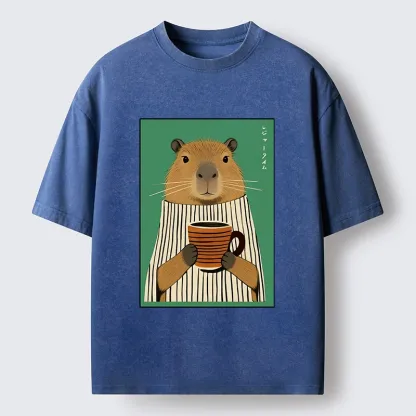 Tokyo-Lion Capybara Coffee Time Washed T-Shirt-Tokyo-Lion