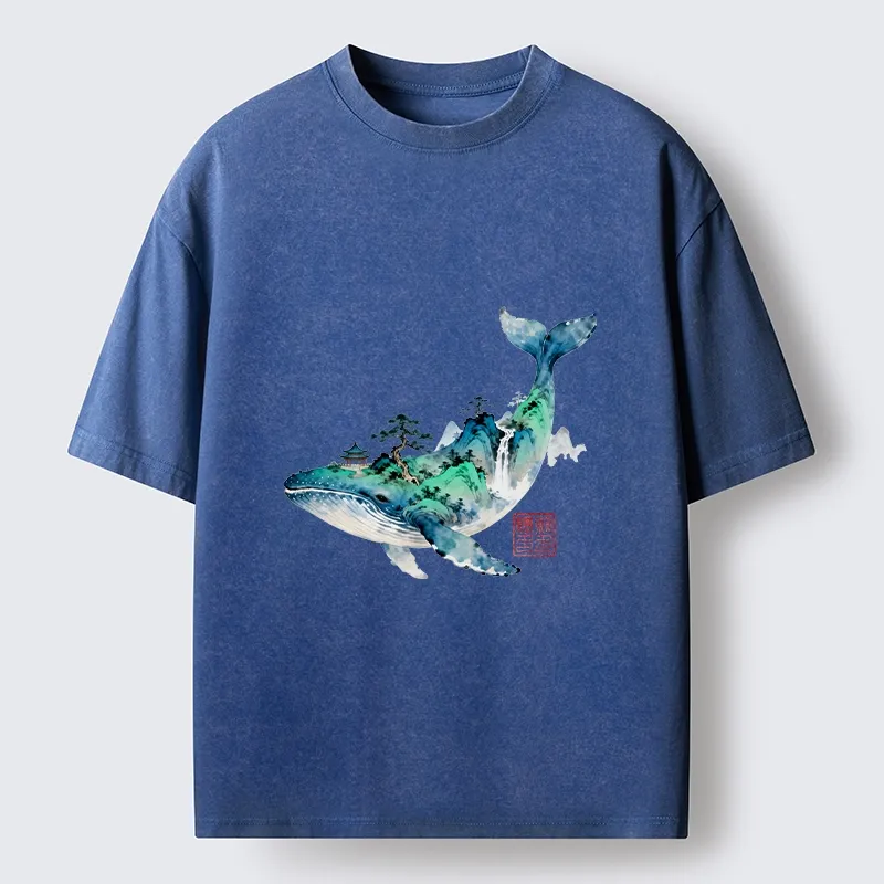 Tokyo-Lion Whale Ink Painting Landscape Washed T-Shirt