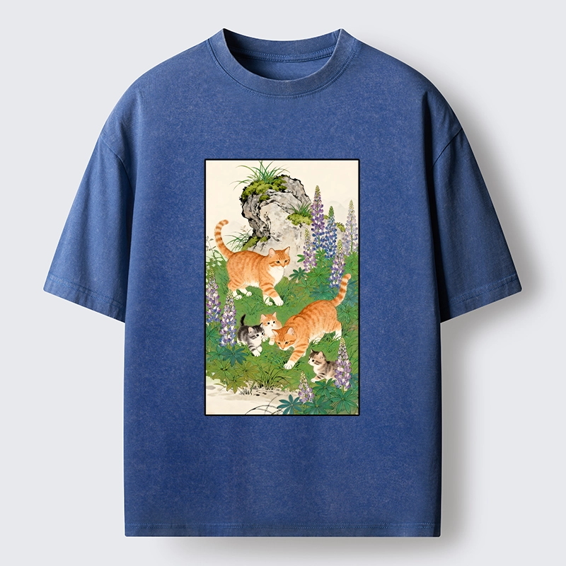 Tokyo-Lion Tabby Cats In Garden Meme Washed T-Shirt