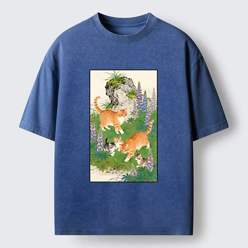 Tokyo-Lion Tabby Cats In Garden Meme Washed T-Shirt