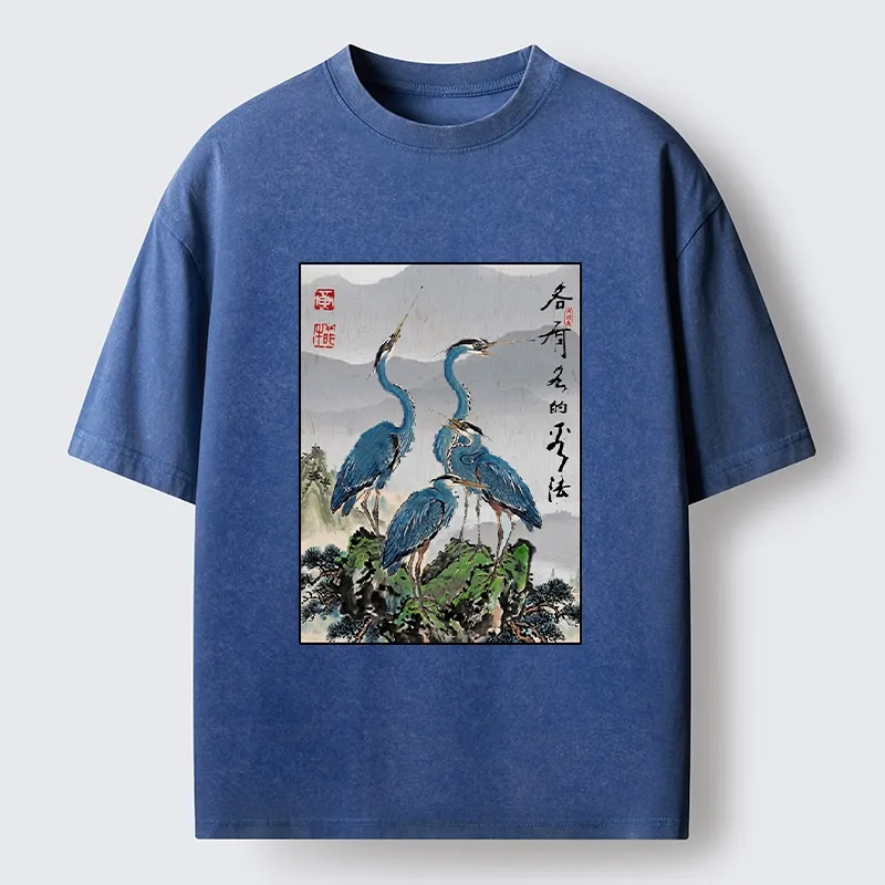 Tokyo-Lion Cranes On Rock Zen Nature Washed T-Shirt