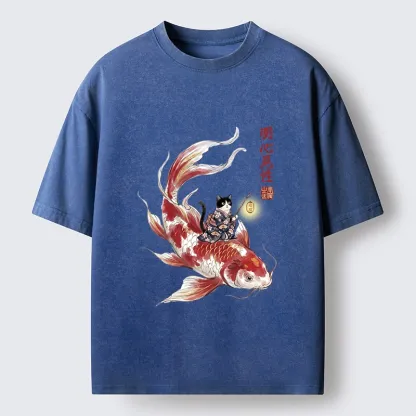 Tokyo-Lion Cute Kimono Cat On Koi Fish Washed T-Shirt