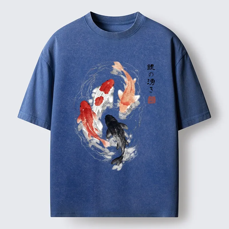 Tokyo-Lion Koi Fish Flow In Traditional Ink Style Washed T-Shirt