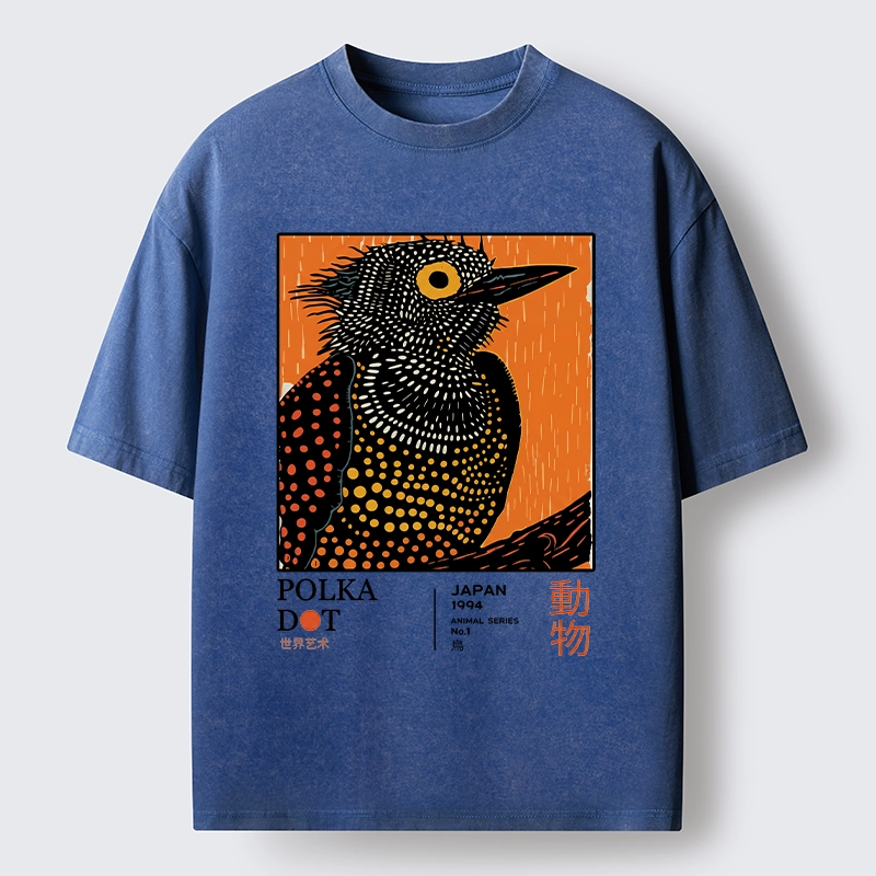 Tokyo-Lion Polka Dot Bird Japanese Art Poster Washed T-Shirt