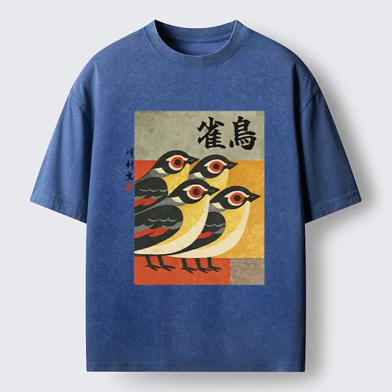 Tokyo-Lion Cute Sparrows In Retro Japanese Print Washed T-Shir