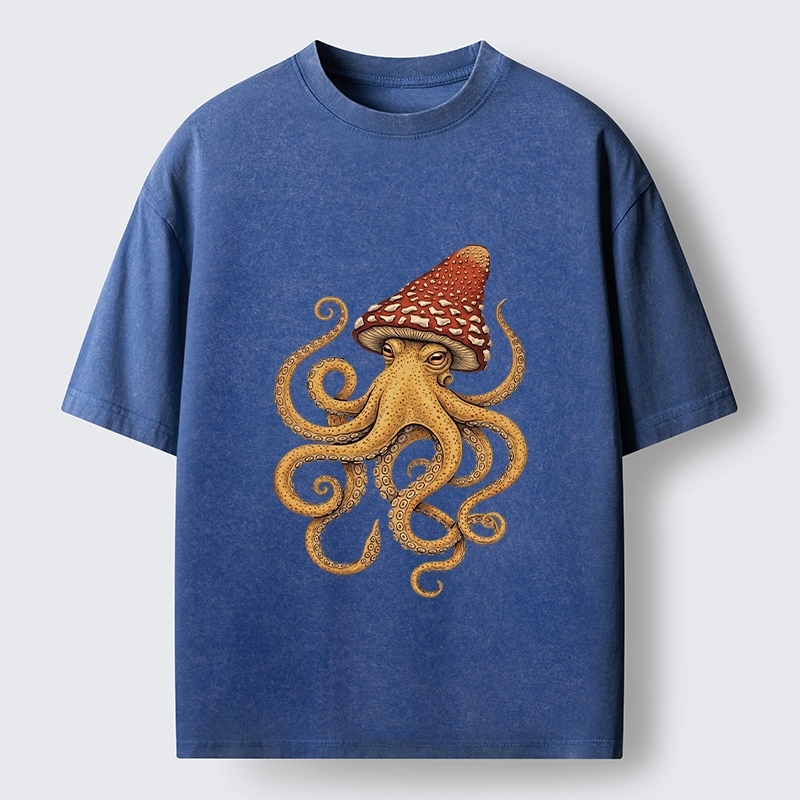 Tokyo-Lion Mushroom Octopus Fantasy Art Washed T-Shirt