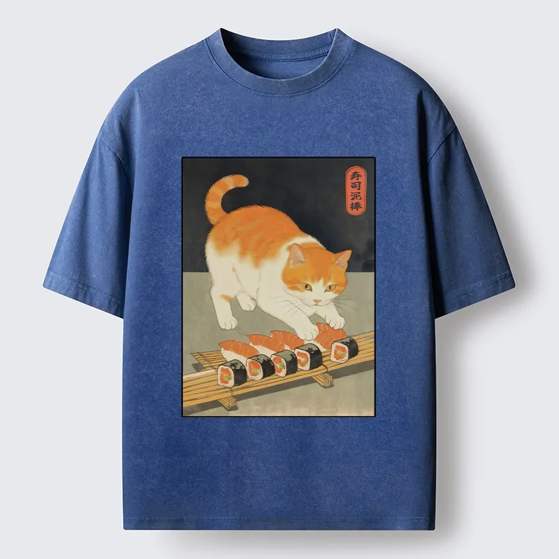 Tokyo-Lion Cat Trying To Steal Sushi Washed T-Shirt