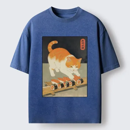 Tokyo-Lion Cat Trying To Steal Sushi Washed T-Shirt