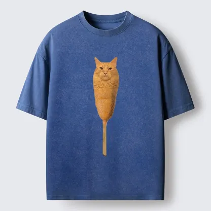 Tokyo-Lion Orange Cat Corn Dog Meme Washed T-Shirt