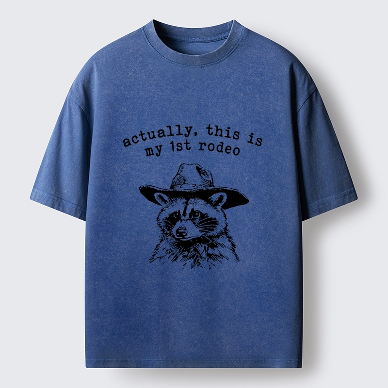 Tokyo-Lion Cowboy Raccoon First Rodeo Meme Washed T-Shirt