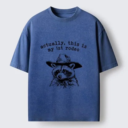 Tokyo-Lion Cowboy Raccoon First Rodeo Meme Washed T-Shirt