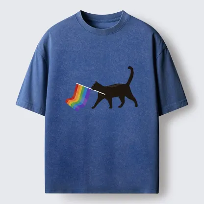 Tokyo-Lion Black Cat With Pride Flag Washed T-Shirt