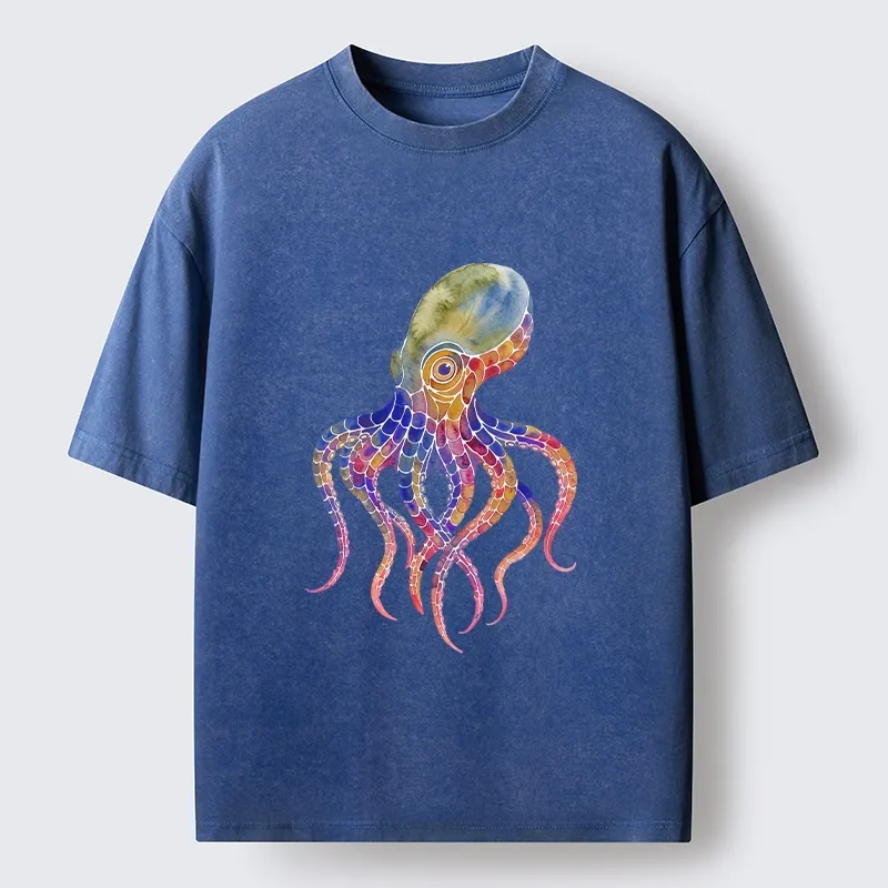 Tokyo-Lion Watercolor Octopus Art Washed T-Shirt