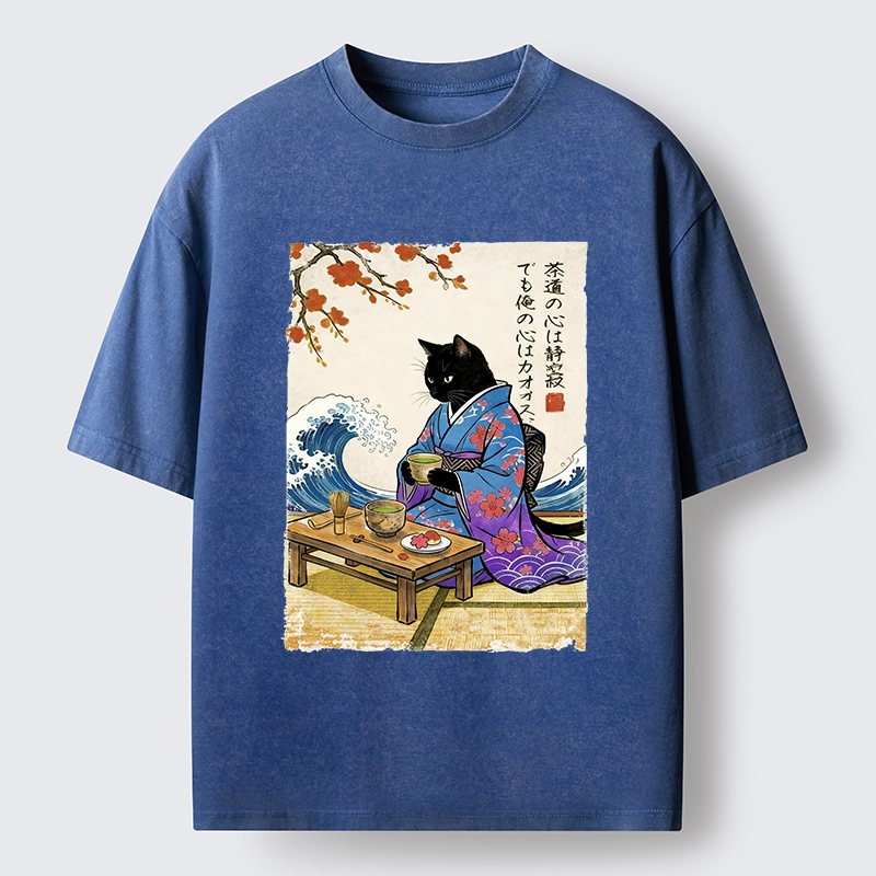 Tokyo-Lion Black Cat Tea Ceremony Japan Washed T-Shirt