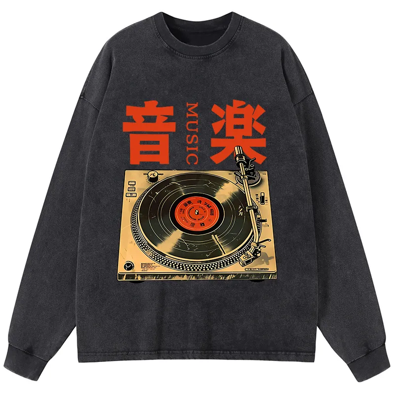 Tokyo-Lion Retro Music Record Player Washed Long Sleeve T-Shirt