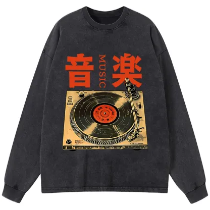 Tokyo-Lion Retro Music Record Player Washed Long Sleeve T-Shirt