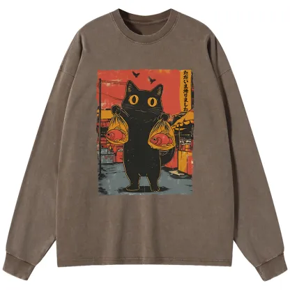 Tokyo-Lion Cat Fishing Japanese Washed Long Sleeve T-Shirt