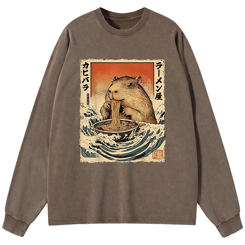Tokyo-Lion Hamster Eating Ramen Washed Long Sleeve T-Shirt
