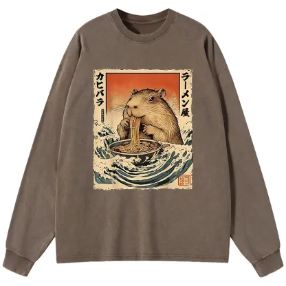 Tokyo-Lion Hamster Eating Ramen Washed Long Sleeve T-Shirt