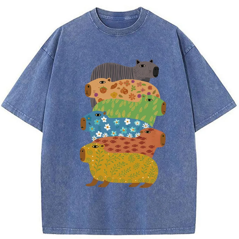 Tokyo-Lion Colorful Capybaras Washed T-Shirt