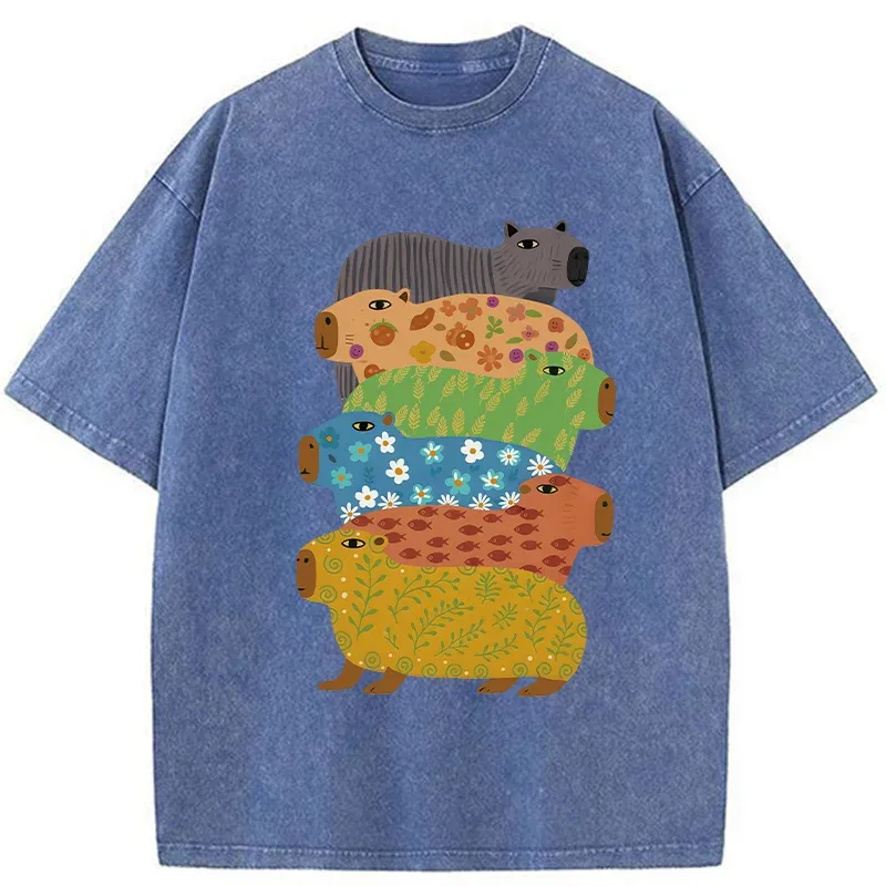 Tokyo-Lion Colorful Capybaras Washed T-Shirt