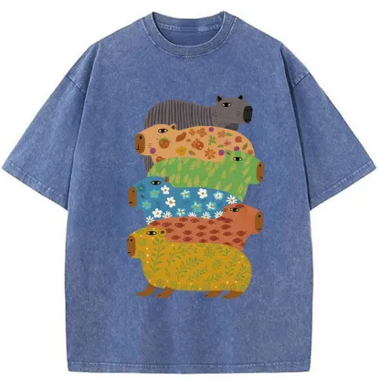 Tokyo-Lion Colorful Capybaras Washed T-Shirt