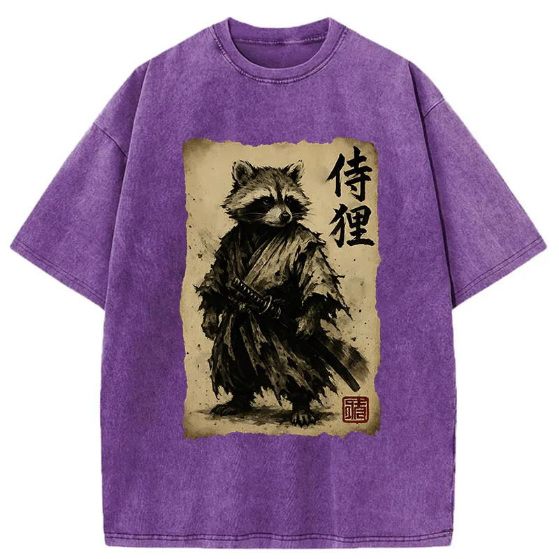 Tokyo-Lion Retro Raccoon Samurai Washed T-Shirt