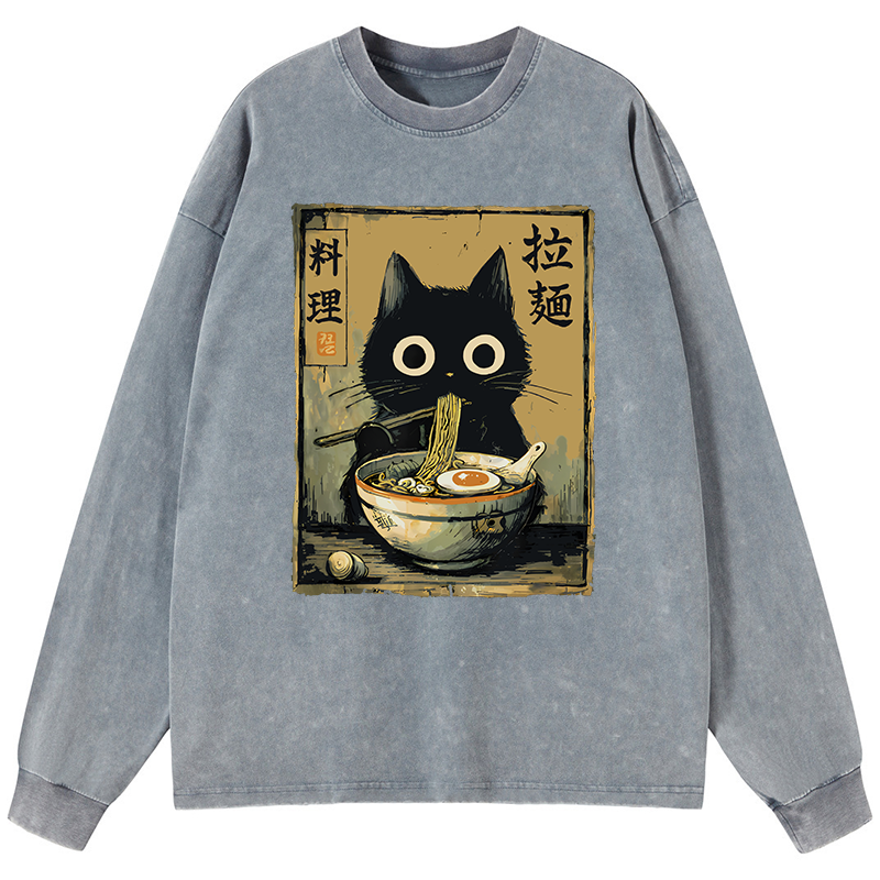 Tokyo-Lion Cute Black Cat Eating Ramen Japan Washed Long Sleeve T-Shirt