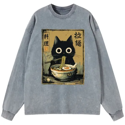 Tokyo-Lion Cute Black Cat Eating Ramen Japan Washed Long Sleeve T-Shirt