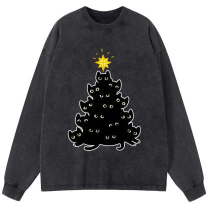 Tokyo-Lion Black Cat Christmas Tree Washed Long Sleeve T-Shirt-Tokyo-Lion